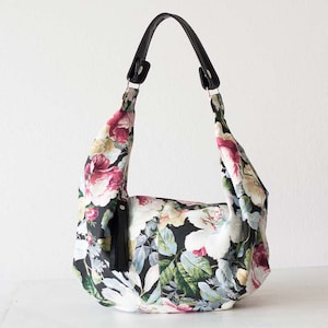 Floral hobo bag with canvas and black leather, cotton purse flower bag slouchy bag canvas everyday bag mothers day gift Mini Kallia bag image 5