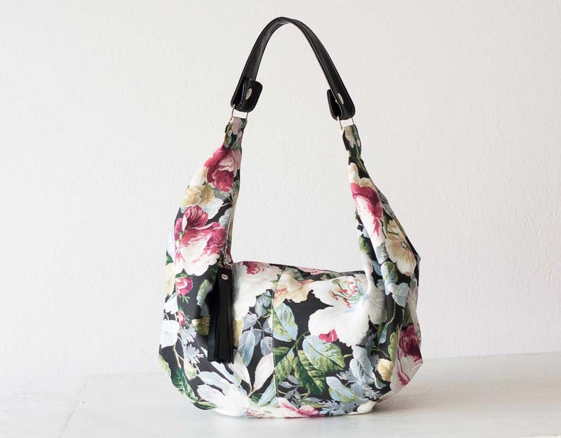 Floral hobo bag with canvas and black leather, cotton purse flower bag slouchy bag canvas everyday bag mothers day gift Mini Kallia bag image 5