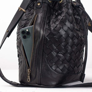 Leather Bucket Bag in Handwoven Black Drawstring Bag Medium - Etsy