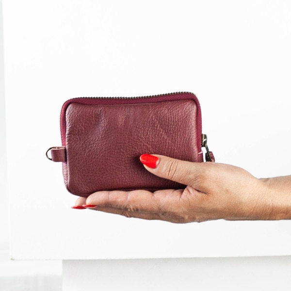 Burgundy soft leather zipper case, coin purse zipper phone pouch money bag credit card zip purse handbag gift - The Myrto Zipper pouch