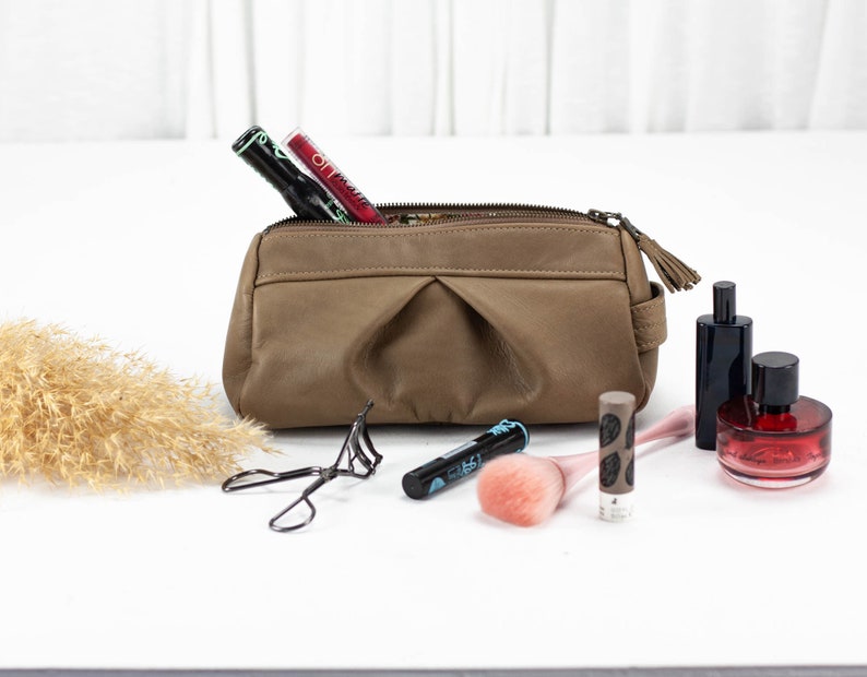 makeup bag in khaki brown leather, cosmetics pouch