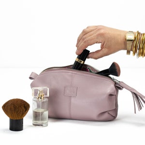 Leather makeup bag in sandy pink, clutch purse accessory bag leather cosmetic pencil toiletry case mothers day gift - Ariadne makeup bag