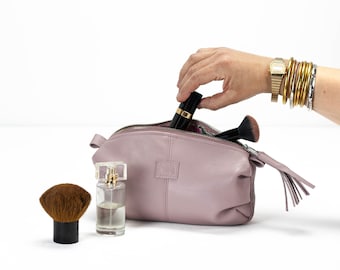 Trousse de maquillage en cuir rose sable : accessoire pochette - Ariadne