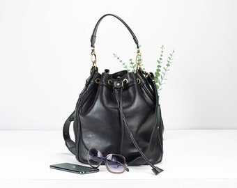 Sac seau à cordon en cuir noir, sac à main moyen pour femme, sac à bandoulière pour femme, sac messager crossover, petit sac à main, cadeau - Sac Danae