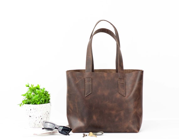 Buy Dark Brown Leather Tote Bag Purse For Women Raw Edge Shopper Large  Everyday Shoulder online