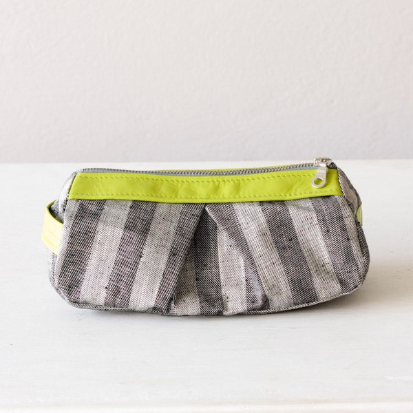 cosmetic bag, makeup case in Stripe cotton grey and lime yellow leather - Estia Bag