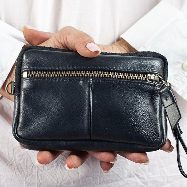 Black leather small wallet, coin pouch zipper pocket passport hand woven slim wallet credit cards case gift- The mini Antheia wallet