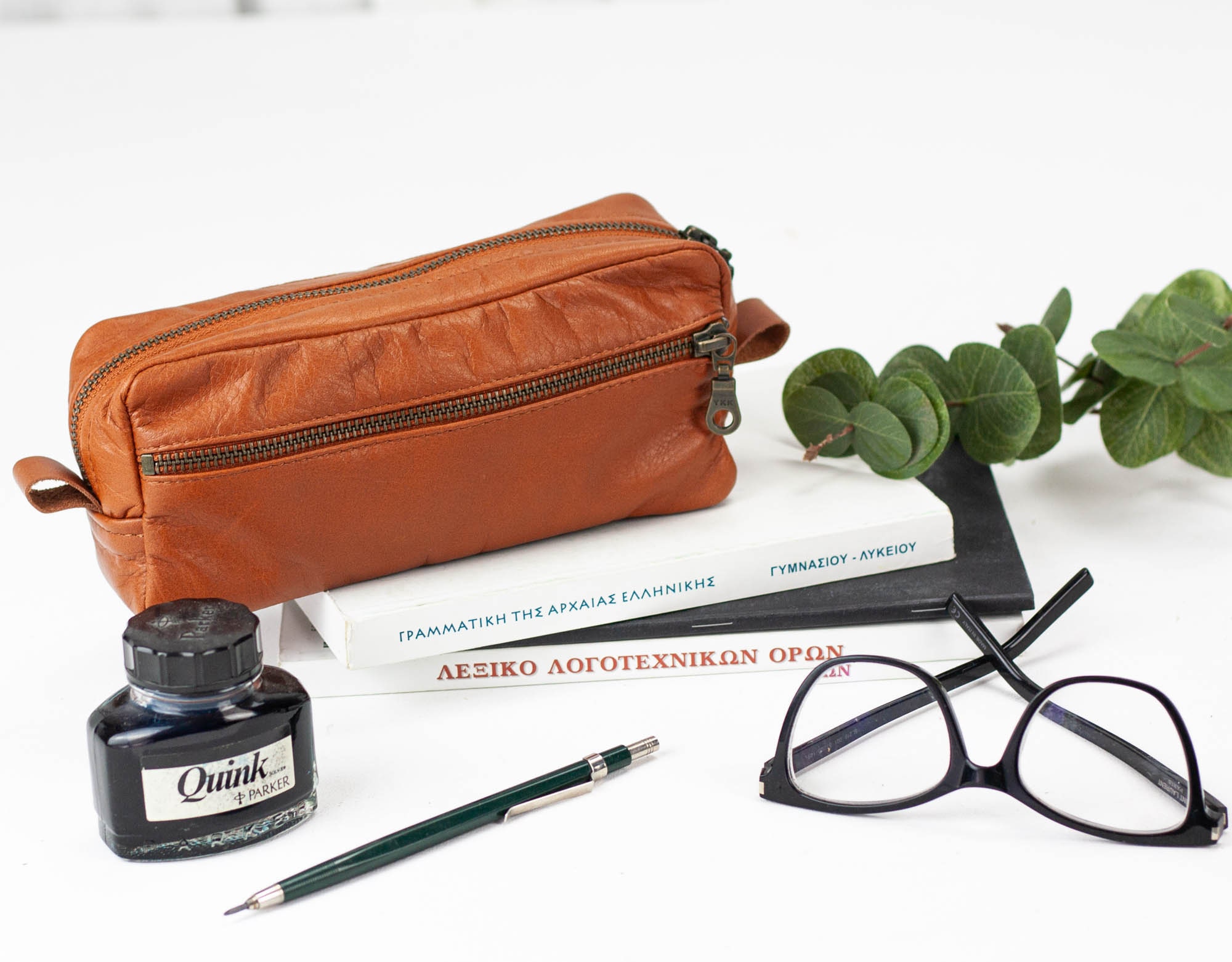 Burgundy Leather Pencils Case, Rectangular Accessory Bag Purse Case Glasses  Markers Zipper Pouch the Brick Case 
