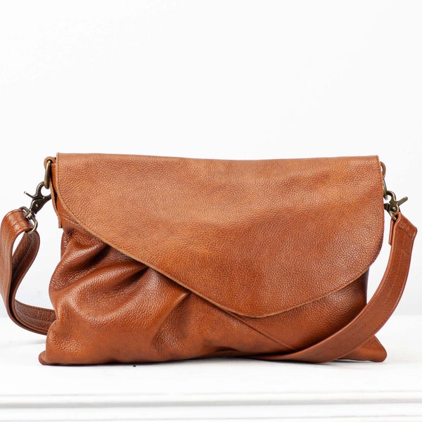 Oversized clutch purse in brown leather, gift for her over the shoulder bag woman envelope clutch crossbody bag handbag - Erato clutch