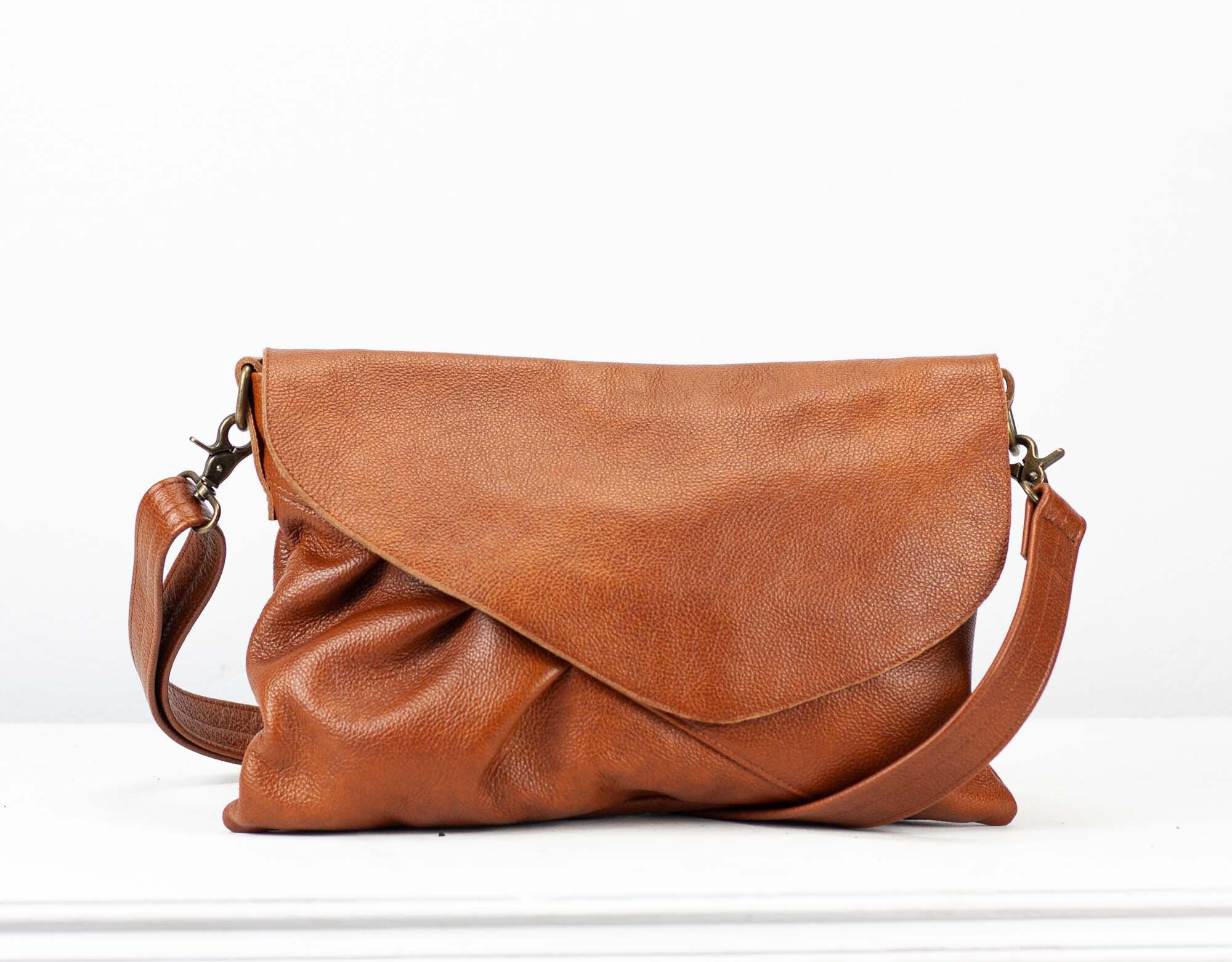 Small Leather Envelope Crossbody Purse Walnut / Gold Hardware