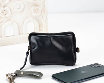 Die Myrto Reißverschlusstasche aus schwarzem Leder, The Myrto Reißverschlusstasche für Münzen, Geldbörse mit Reißverschluss, Reißverschlusstasche für Münzen