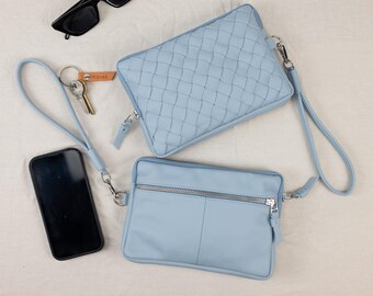 Light Blue Leather Wallet, Handwoven Clutch with Wristlet Strap – Large Zipper Wallet for Women, Gift for Her – The Antheia Wallet