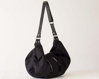 Black crossover canvas bag, hobo purse crossbody bag shoulder slouchy messenger shoulder bag gift for mum  diaper bag - Crossbody Kallia bag