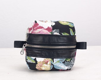 Makeup bag in floral canvas and black leather, accessory case storage bag toiletry case vanity storage chargers case bridesmaid gift - Cube