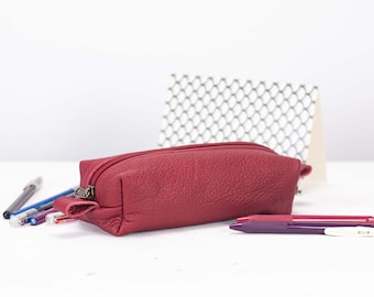 REC case - Deep red leather pencils case, rectangular accessory bag purse case glasses markers zipper pouch stationery gift under 30