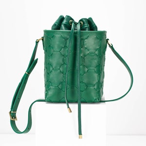 Jade green square bucket bag in pebbled leather, drawstring bag medium purse womens bag crossbody bag crossover purse gift -Helon bucket bag