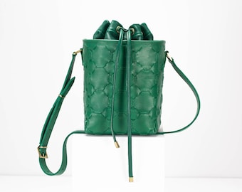 Jade green square bucket bag in pebbled leather, drawstring bag medium purse womens bag crossbody bag crossover purse gift -Helon bucket bag