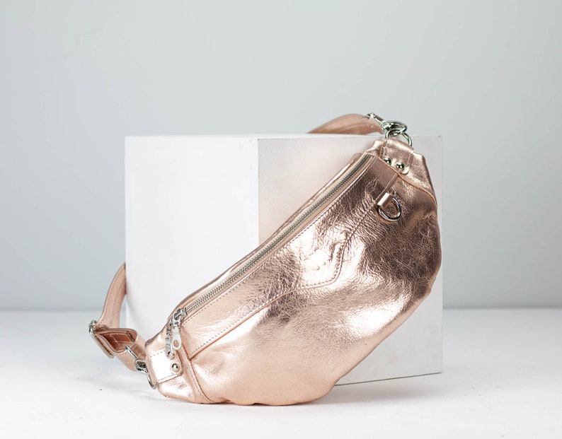 Fanny pack in Silver or Rose gold coated leather, metallic chest bag moon hip bag large waist belt bag mothers day gift Haris fanny pack Rose Gold