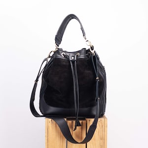 Sac seau en cuir suédé noir, sac à main moyen sac à main pour femme Sac à bandoulière bandoulière Messenger petit sac à main - Sac Danae