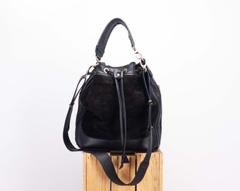 Black suede leather bucket bag, drawstring bag medium purse womens cinch bag  crossbody messenger purse crossover small purse - Danae bag