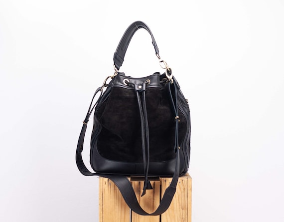 Black suede leather bucket bag drawstring bag medium purse womens cinch bag crossbody messenger purse crossover small purse Danae bag
