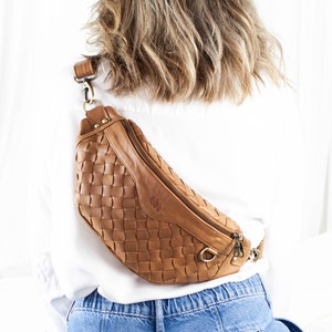 brown leather woven fanny pack