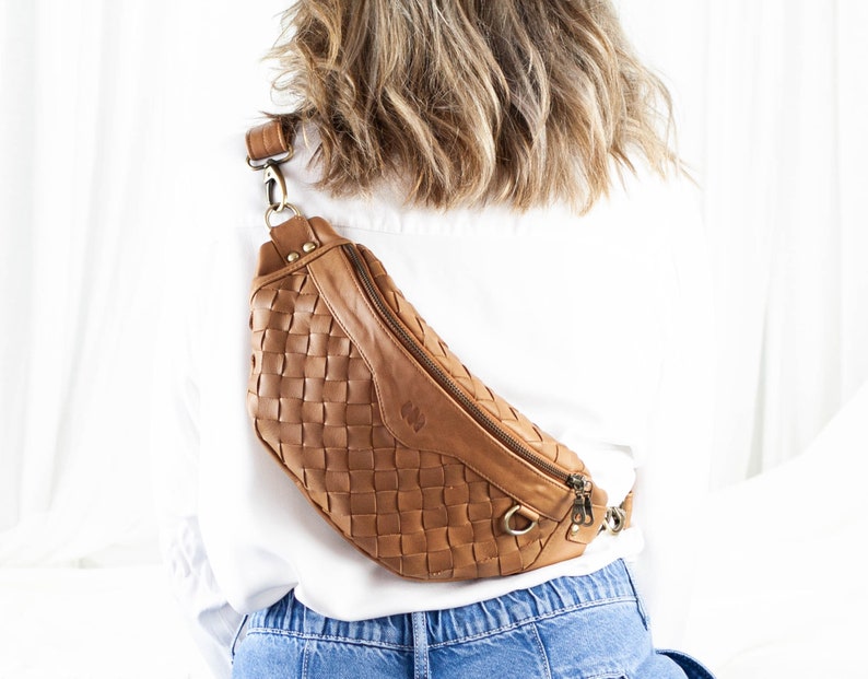 brown leather woven fanny pack