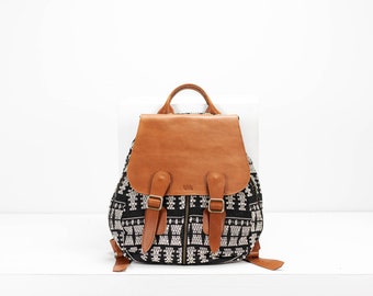 Backpack in cotton patterned fabric and brown leather, travel backpack womens pocket bag rucksack everyday gift back bag -Artemis backpack