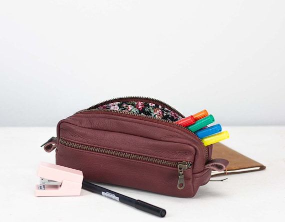 Burgundy Leather Pencils Case, Rectangular Accessory Bag Purse Case Glasses  Markers Zipper Pouch the Brick Case 