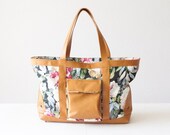 Flower bag tote canvas market floral purse brown,shoulder bag,zipper bag,handbag,market tote bag,womens purse - Dione Bag