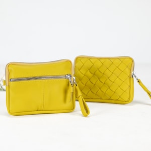 Cartera pequeña de cuero amarillo, monedero, bolsillo con cremallera, pasaporte, billetera delgada tejida a mano, estuche para tarjetas de crédito, regalo: la mini billetera Antheia