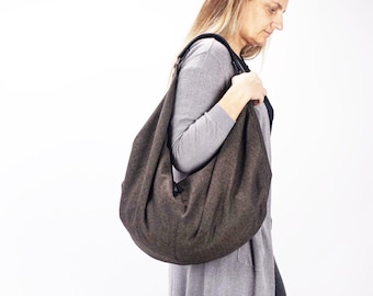 Shoulder hobo bag brown herringbone wool and leather, shoulder fishbone wool purse overnight bag oversized  sling weekend bag - Kallia bag