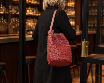 Burgundy Woven Leather Bucket Bag, Round Shoulder Purse, Adjustable Strap - Lyda Bag