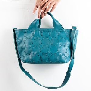 Petrol blue leather hand woven purse in leather, over the shoulder bag womens handbag crossbody bag zipper bag gift for wife - Helon purse