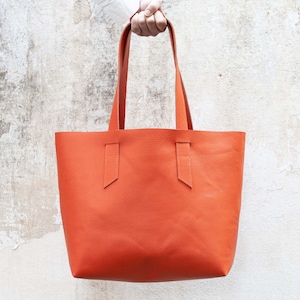 Orange leather tote bag, raw edge leather purse shopper bag shoulder womens large market bag unlined leather tote gift for wife -Calisto bag