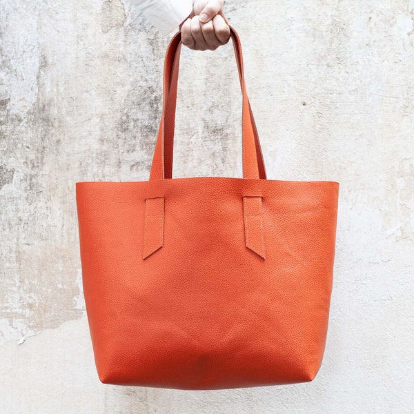 Bolso de mano de cuero naranja, bolso de cuero de borde crudo bolso comprador hombro mujer gran bolso de mercado sin forro regalo de bolso de cuero para esposa -Bolso Calisto