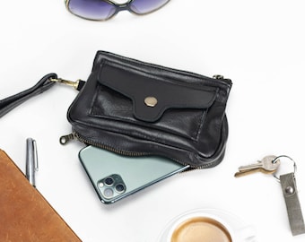 Wristlet leather wallet in black, phone zipper clutch, womens travel passport pouch, zip phone wallet case  - Thalia Wallet