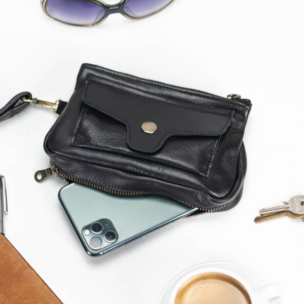 Wristlet wallet black leather, womens phone wallet with strap phone case zipper wallet phone case wristlet purse gift for her -Thalia Wallet