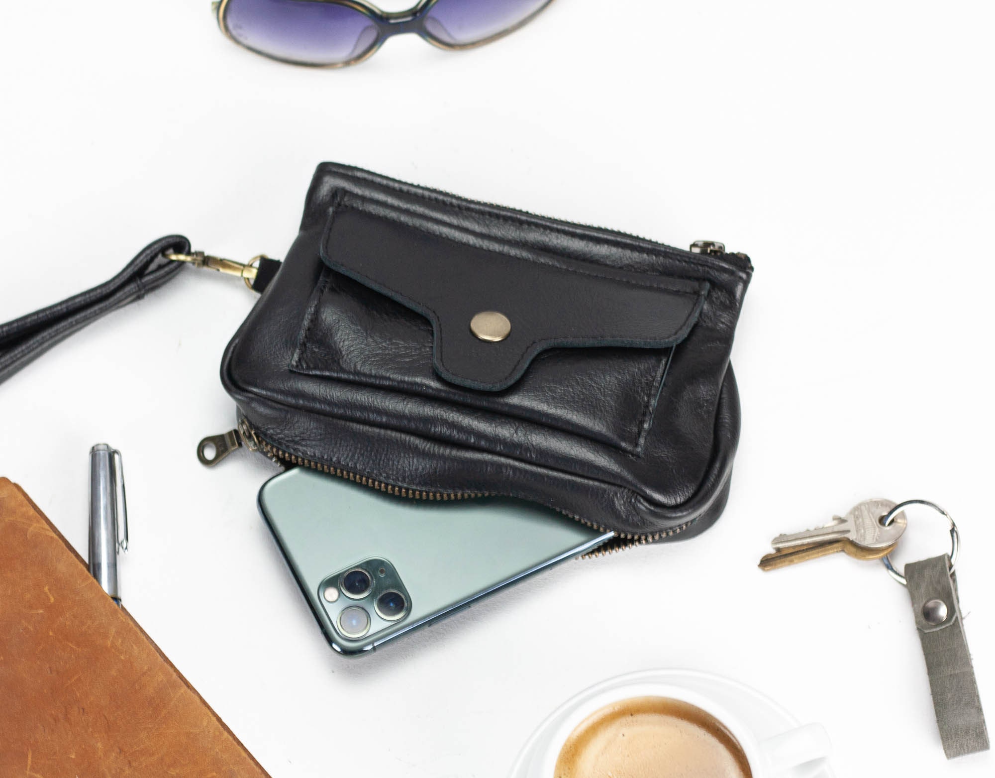 Wristlet leather wallet in black, phone zipper clutch, womens travel passport pouch, zip phone wallet case  - Thalia Wallet