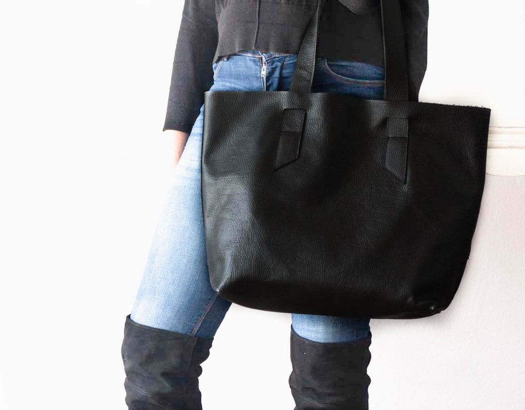 Black With Soft Pebbled Leather Tote Bag Raw Edge Shopper - Etsy