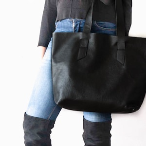 Black with soft pebbled leather tote bag, raw edge shopper everyday work bag purse unlined bag shoulder large market tote bag Calisto bag image 1