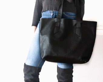 Black with soft pebbled leather tote bag, raw edge shopper everyday work bag purse unlined bag shoulder large market tote bag - Calisto bag