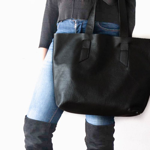 BLACK OVERSIZE SHOPPER Bag Black Leather Shopper Large Tote - Etsy