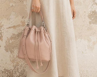 Leather bucket bag in blush pink, drawstring bag medium purse womens cinch bag  crossbody messenger  crossover small purse - Danae bag