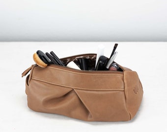 Milk coffee brown leather makeup bag, accessory bag pencil case zipper pouch travel case jewellery case gift for her under 50 - Estia Bag