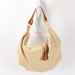 Creamy yellow canvas hobo bag with brown leather, everyday purse cotton bag hobo slouchy purse cotton purse - Mini Kallia bag