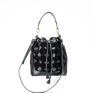 Leather bucket bag in hand woven black, drawstring bag medium purse womens cinch bag gift for her crossbody messenger crossover - Danae bag