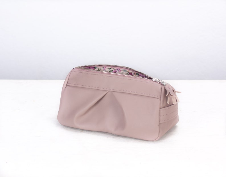 Pink Beige Leather Makeup Bag Accessory Bag Pencil Case Etsy