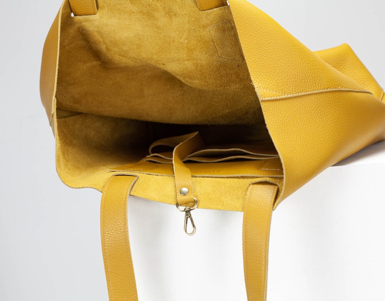 Yellow soft leather tote bag, raw edge leather purse shopper bag shoulder womens large market bag unlined leather tote Calisto bag image 2