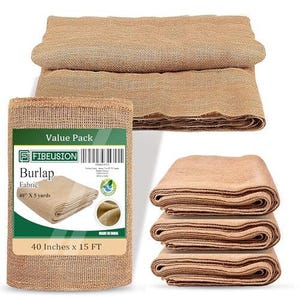 May include: A value pack of brown burlap fabric. The fabric is 40 inches wide and 15 feet long. The fabric is folded in half and stacked on top of itself. The fabric is made in India.